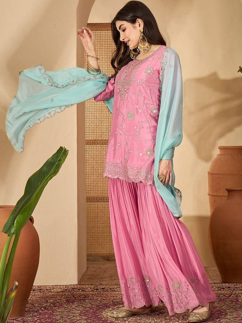 Women floral embroidered regular sequinned silk blend  crepe kurta with sharara & with dupatta