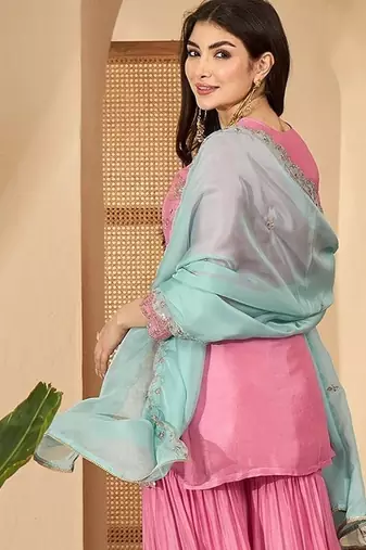 Women floral embroidered regular sequinned silk blend  crepe kurta with sharara & with dupatta