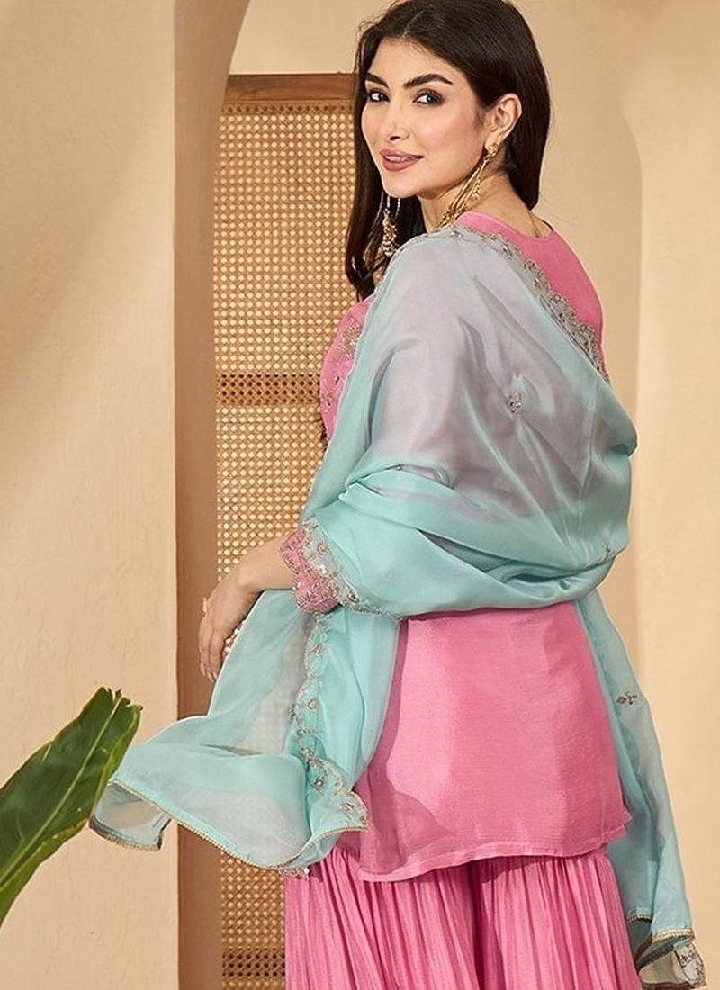 Women floral embroidered regular sequinned silk blend  crepe kurta with sharara & with dupatta
