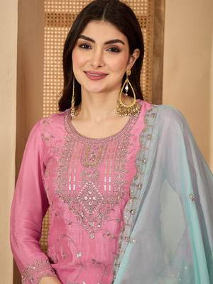 Women floral embroidered regular sequinned silk blend  crepe kurta with sharara & with dupatta 5