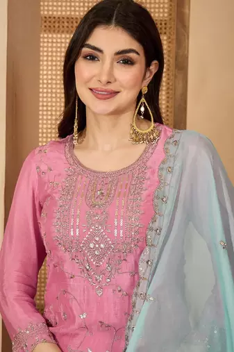 Women floral embroidered regular sequinned silk blend  crepe kurta with sharara & with dupatta