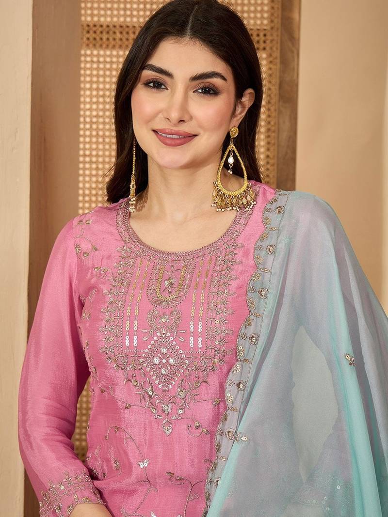 Women floral embroidered regular sequinned silk blend  crepe kurta with sharara & with dupatta
