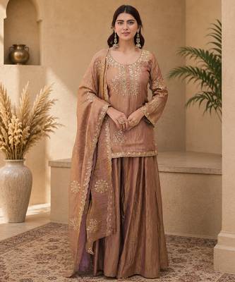 Women floral embroidered regular sequinned silk crepe kurta with sharara & with dupatta 1