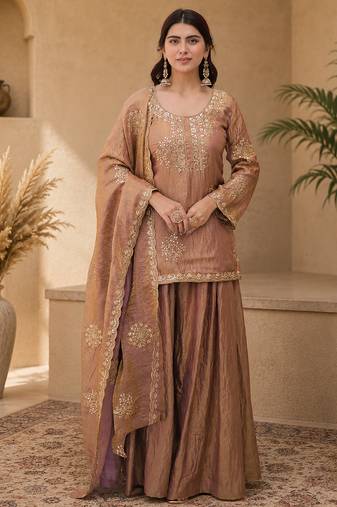 Women floral embroidered regular sequinned silk crepe kurta with sharara & with dupatta