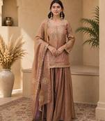 Women floral embroidered regular sequinned silk crepe kurta with sharara & with dupatta