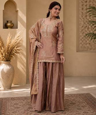 Women floral embroidered regular sequinned silk crepe kurta with sharara & with dupatta 2