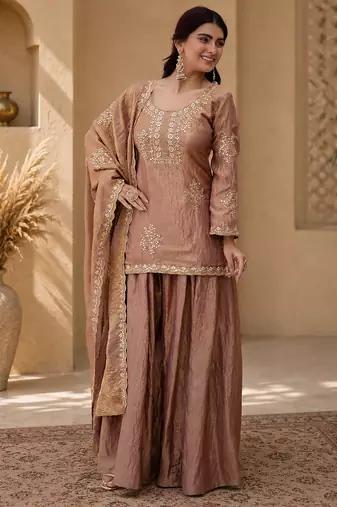Women floral embroidered regular sequinned silk crepe kurta with sharara & with dupatta