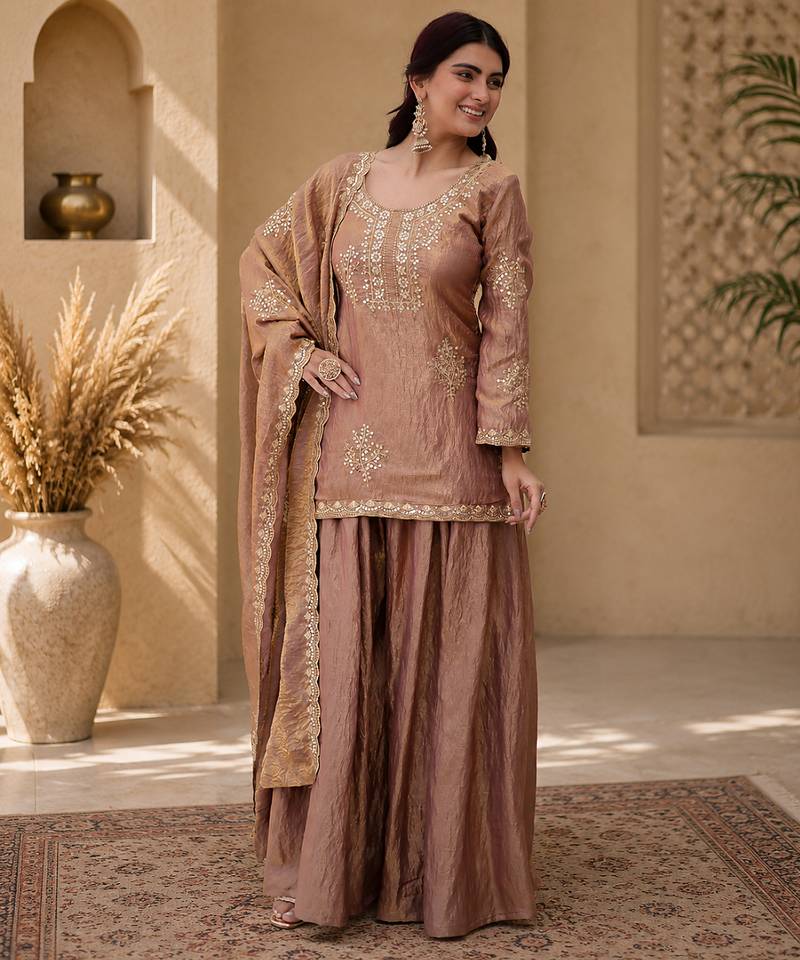 Women floral embroidered regular sequinned silk crepe kurta with sharara & with dupatta