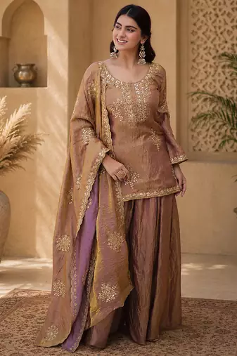 Women floral embroidered regular sequinned silk crepe kurta with sharara & with dupatta