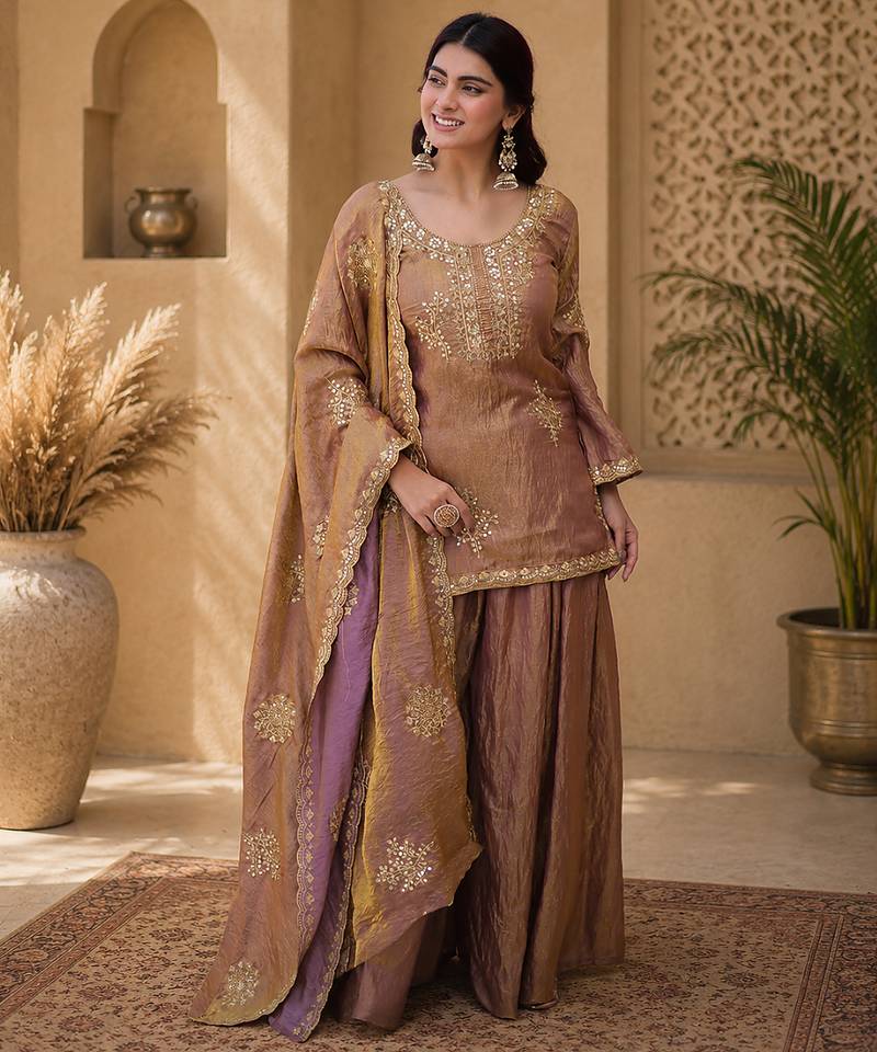 Women floral embroidered regular sequinned silk crepe kurta with sharara & with dupatta