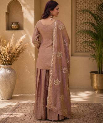 Women floral embroidered regular sequinned silk crepe kurta with sharara & with dupatta 4