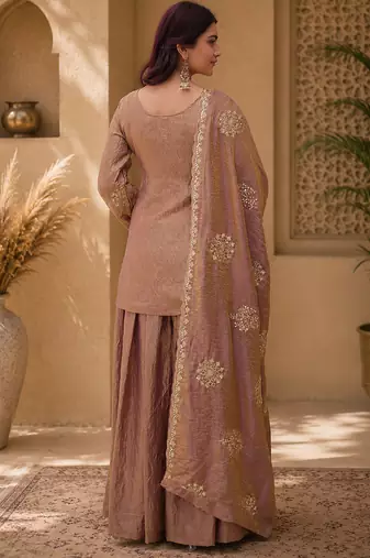 Women floral embroidered regular sequinned silk crepe kurta with sharara & with dupatta