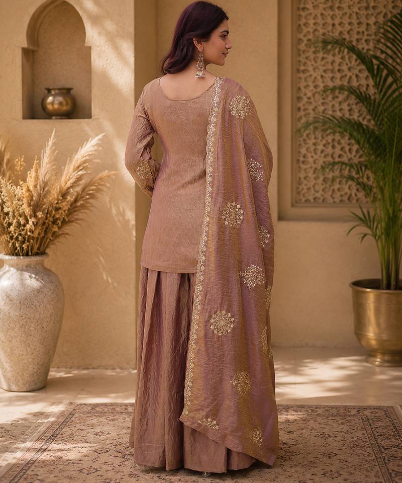 Women floral embroidered regular sequinned silk crepe kurta with sharara & with dupatta