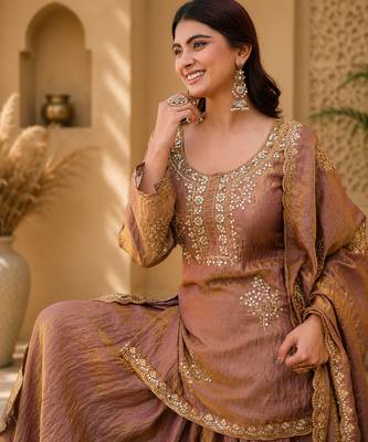 Women floral embroidered regular sequinned silk crepe kurta with sharara & with dupatta 5