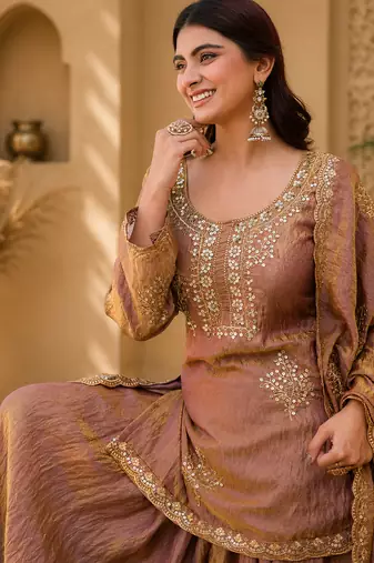 Women floral embroidered regular sequinned silk crepe kurta with sharara & with dupatta