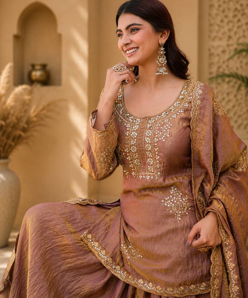 Women floral embroidered regular sequinned silk crepe kurta with sharara & with dupatta