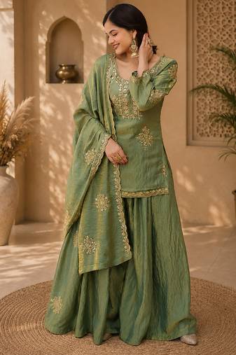 Women floral embroidered regular sequinned silk blend crepe kurta with sharara & with dupatta