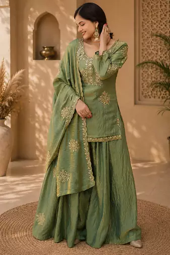 Women floral embroidered regular sequinned silk blend crepe kurta with sharara & with dupatta