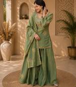 Women floral embroidered regular sequinned silk blend crepe kurta with sharara & with dupatta