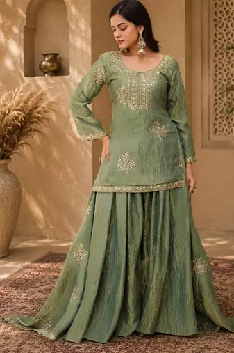 Women floral embroidered regular sequinned silk blend crepe kurta with sharara & with dupatta