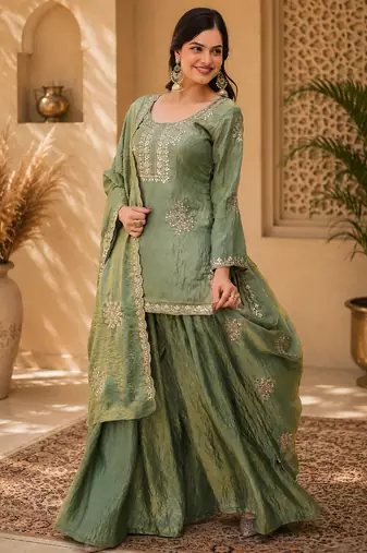 Women floral embroidered regular sequinned silk blend crepe kurta with sharara & with dupatta