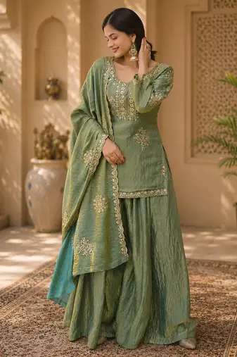 Women floral embroidered regular sequinned silk blend crepe kurta with sharara & with dupatta