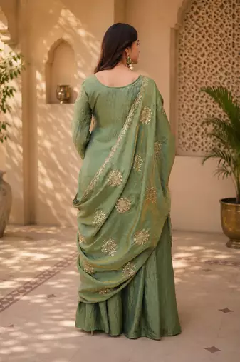 Women floral embroidered regular sequinned silk blend crepe kurta with sharara & with dupatta