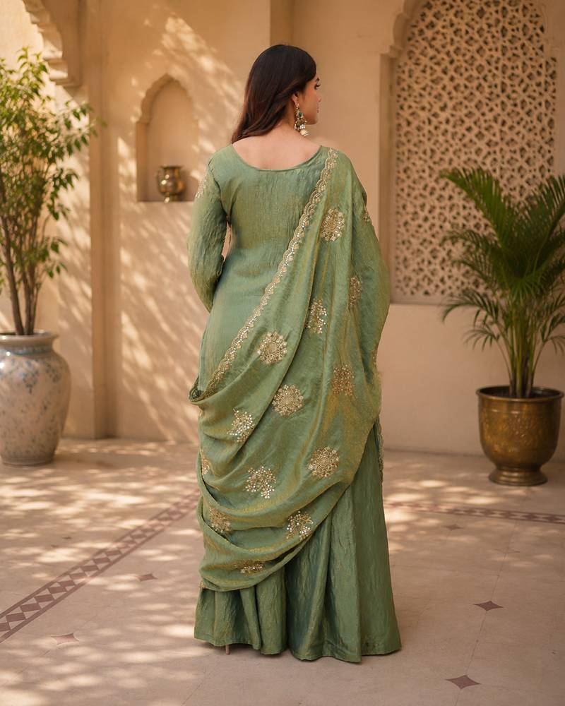 Women floral embroidered regular sequinned silk blend crepe kurta with sharara & with dupatta
