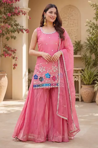 Women floral embroidered regular sequinned silk crepe kurta with sharara & with dupatta