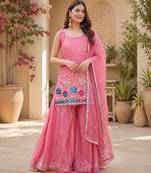 Women floral embroidered regular sequinned silk crepe kurta with sharara & with dupatta