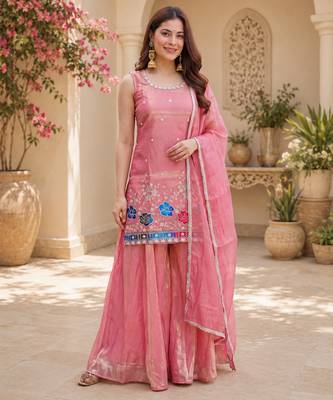 Women floral embroidered regular sequinned silk crepe kurta with sharara & with dupatta 2