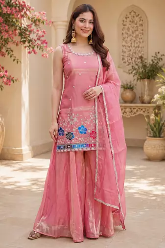 Women floral embroidered regular sequinned silk crepe kurta with sharara & with dupatta