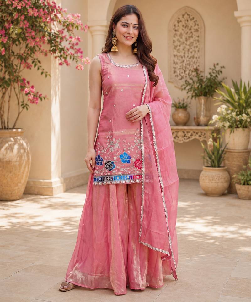 Women floral embroidered regular sequinned silk crepe kurta with sharara & with dupatta