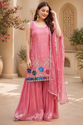 Women floral embroidered regular sequinned silk crepe kurta with sharara & with dupatta