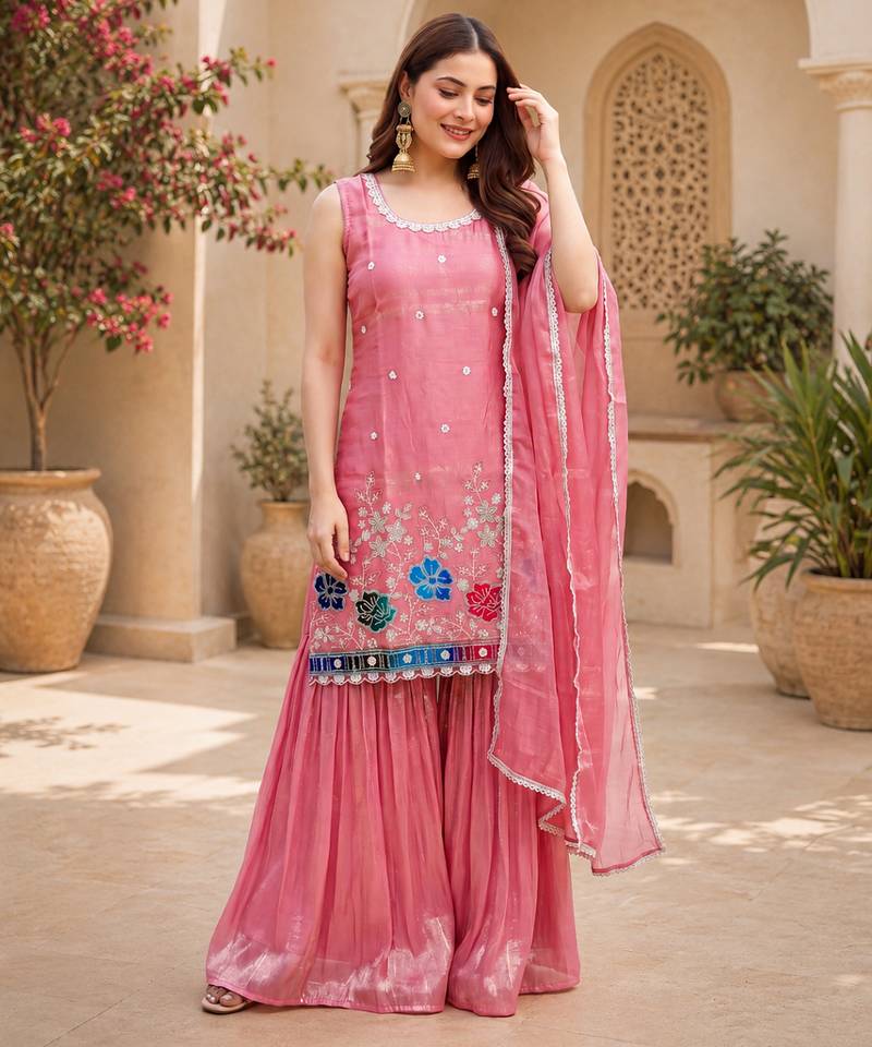 Women floral embroidered regular sequinned silk crepe kurta with sharara & with dupatta