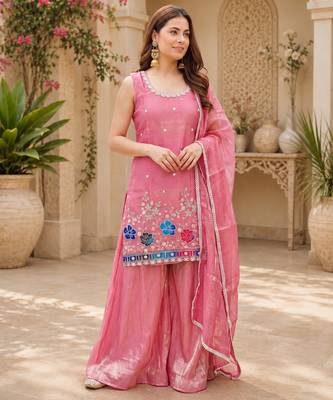 Women floral embroidered regular sequinned silk crepe kurta with sharara & with dupatta 4