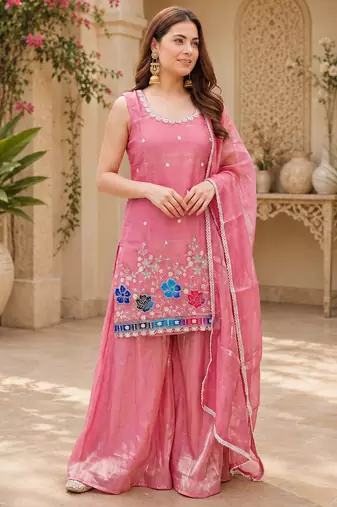 Women floral embroidered regular sequinned silk crepe kurta with sharara & with dupatta