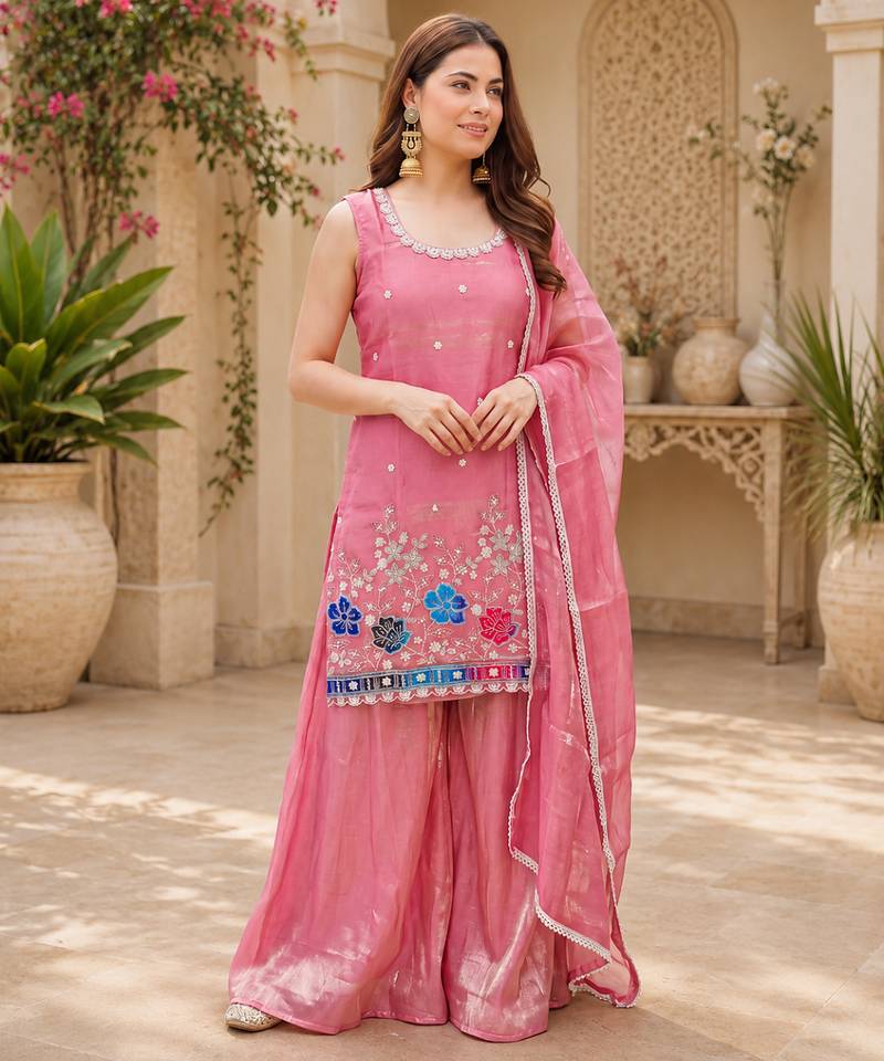 Women floral embroidered regular sequinned silk crepe kurta with sharara & with dupatta