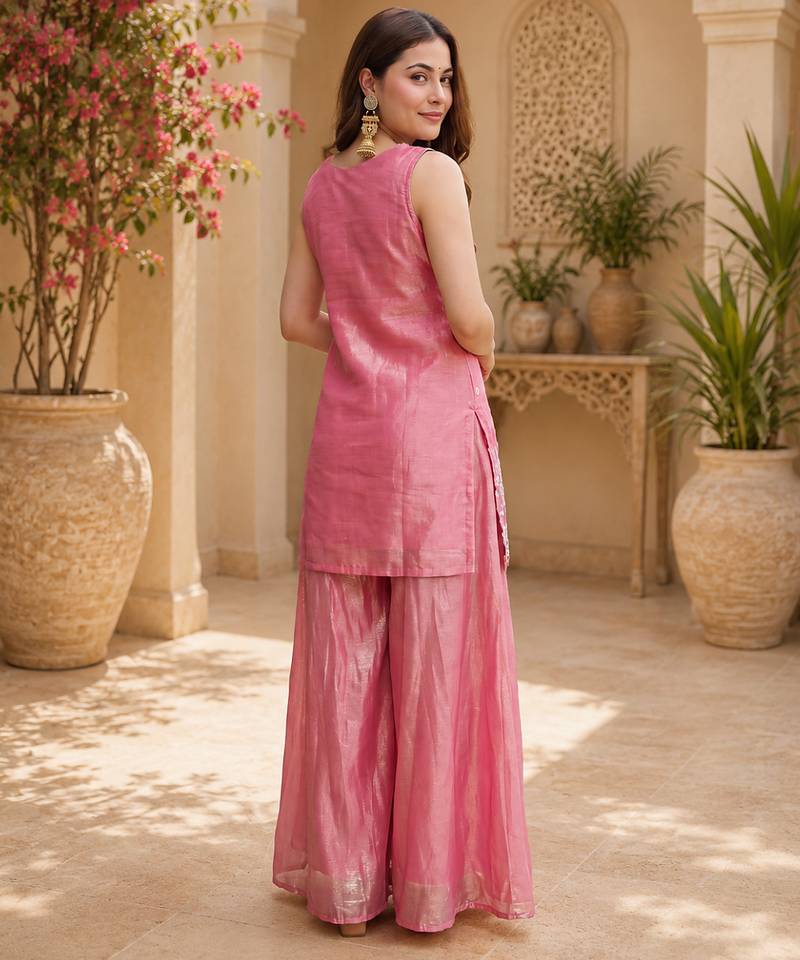 Women floral embroidered regular sequinned silk crepe kurta with sharara & with dupatta