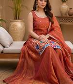Women floral embroidered regular sequinned silk crepe kurta with sharara & with dupatta