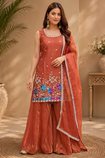 Women floral embroidered regular sequinned silk crepe kurta with sharara & with dupatta