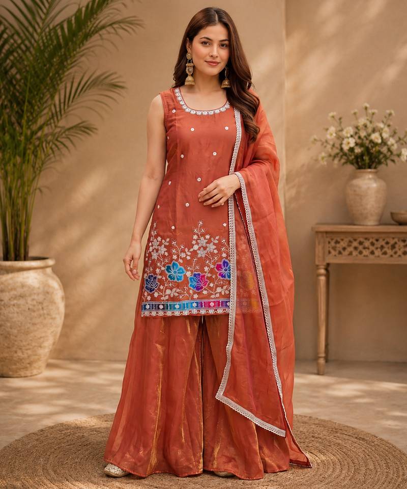 Women floral embroidered regular sequinned silk crepe kurta with sharara & with dupatta