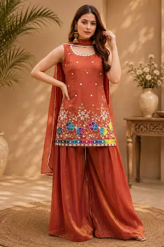 Women floral embroidered regular sequinned silk crepe kurta with sharara & with dupatta