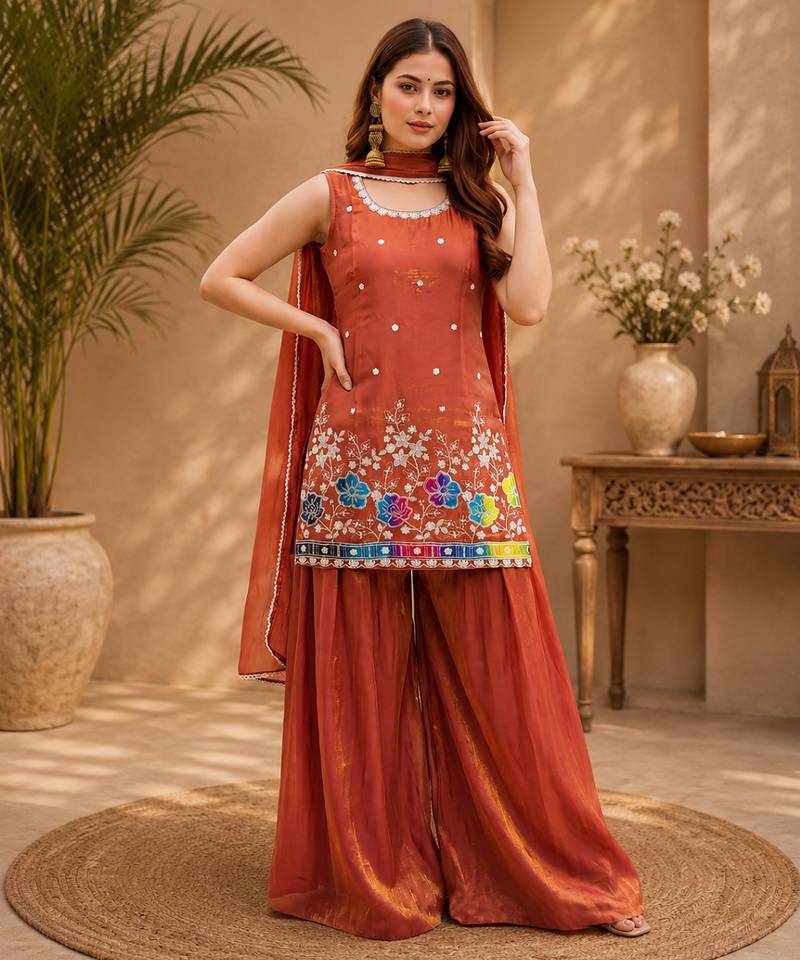 Women floral embroidered regular sequinned silk crepe kurta with sharara & with dupatta