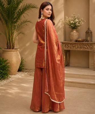 Women floral embroidered regular sequinned silk crepe kurta with sharara & with dupatta 4