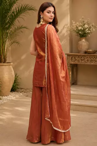 Women floral embroidered regular sequinned silk crepe kurta with sharara & with dupatta