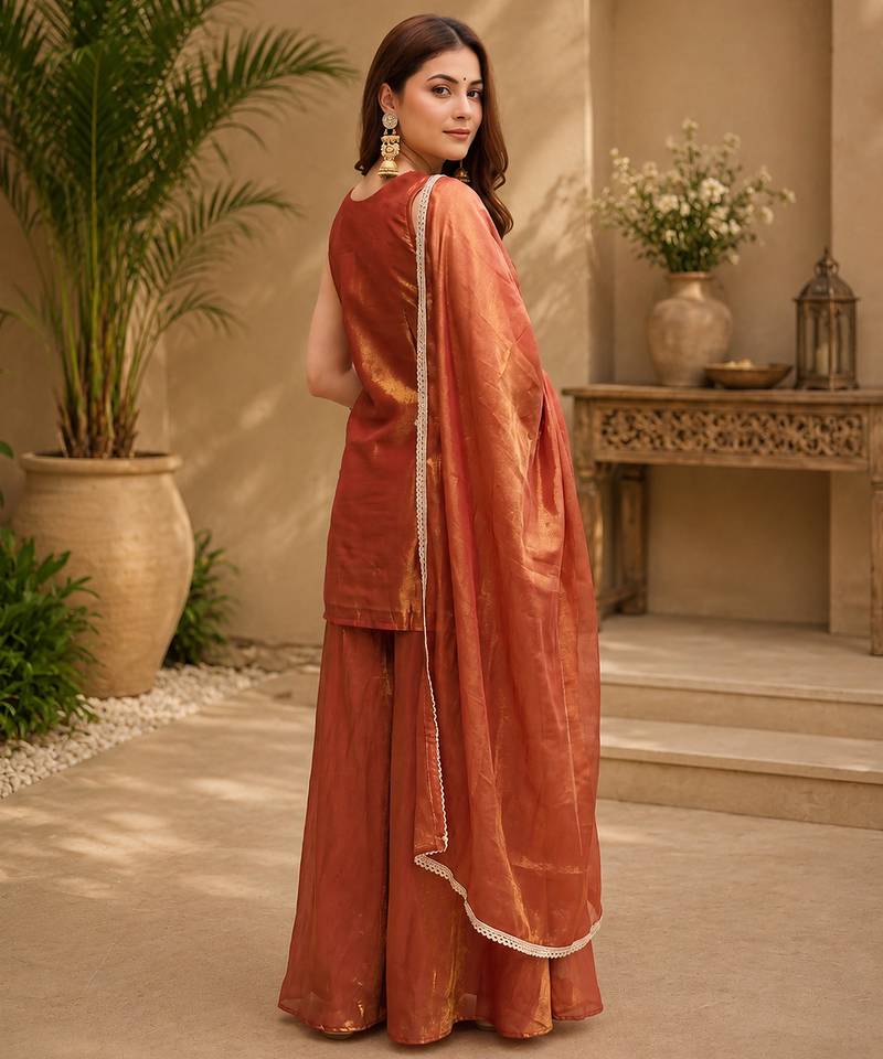 Women floral embroidered regular sequinned silk crepe kurta with sharara & with dupatta