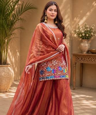 Women floral embroidered regular sequinned silk crepe kurta with sharara & with dupatta 5