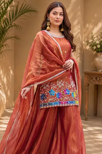 Women floral embroidered regular sequinned silk crepe kurta with sharara & with dupatta