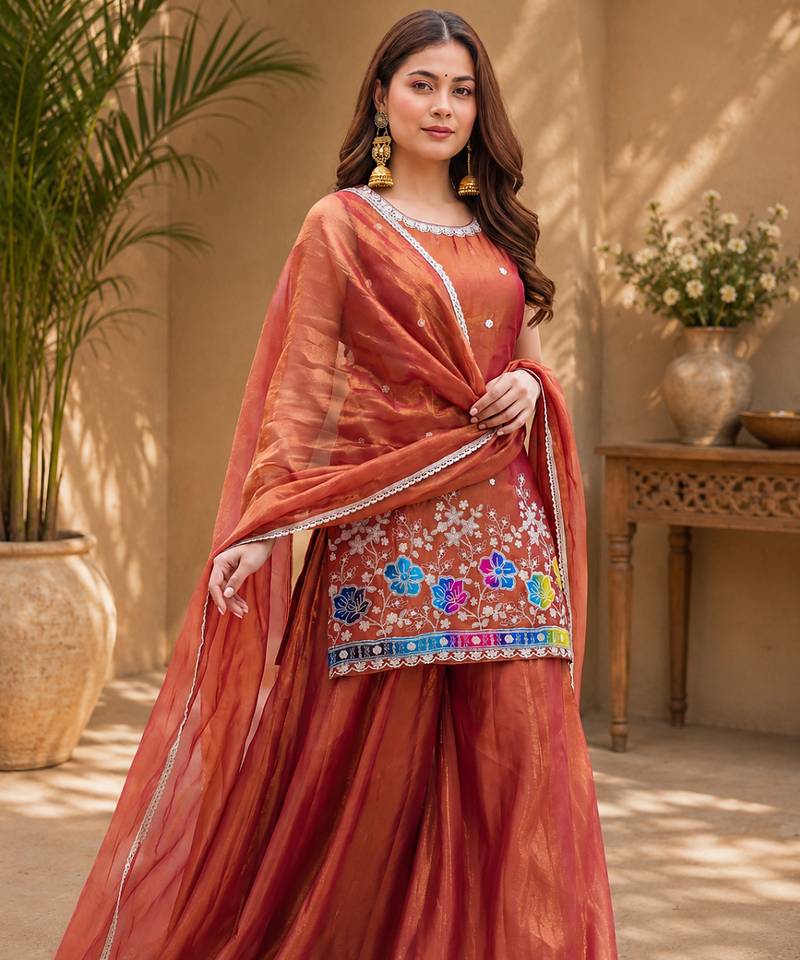 Women floral embroidered regular sequinned silk crepe kurta with sharara & with dupatta